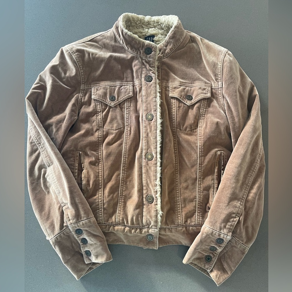 Gap Y2K, Medium velvet shearling coat with front and sleeve metal snap closure.